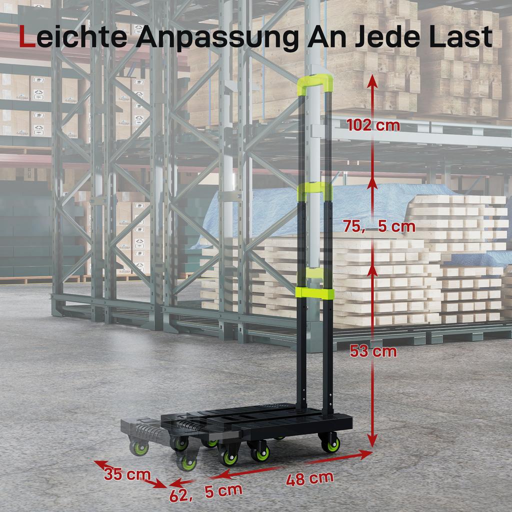 Hand Truck Foldable Metal Transport Cart with Wheels Adjustable Handle 49 x 35 x 102 cm Green
