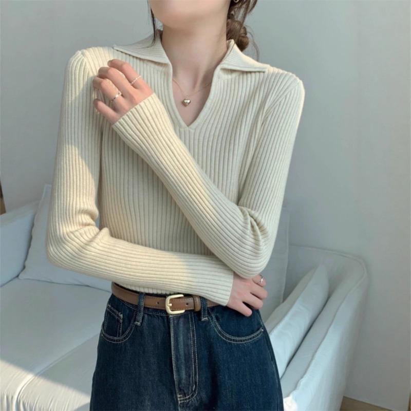 Polo Collar Long-sleeved Knitted Sweater Women's Clothing Early Autumn New Waist Slim-fit Sweater with Bottoming Shirt Top