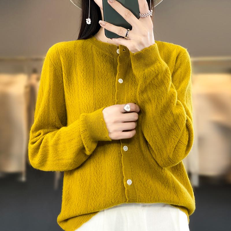 Women's Round Neck Cashmere Cardigan, Qinghe Cashmere, 30% Cashmere 70% Wool, Winter Knitted Pullover Autumn Sweater Cashmere Sweater