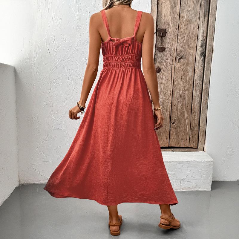 Women Summer Maxi Dress Spaghetti Strap V Neck Boho Casual Loose Swing Sundress with Elastic Waist