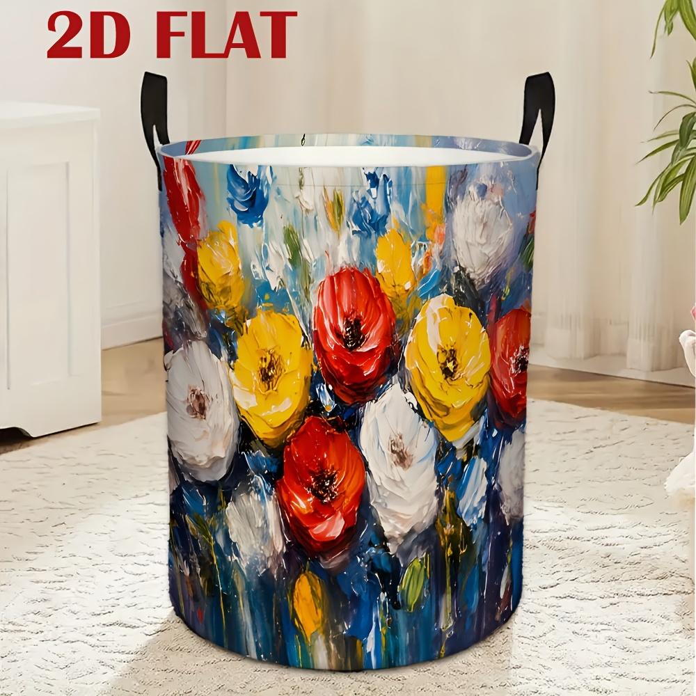 1pc Round Polyester Laundry Basket with Dual Side Handles | Foldable Multi-Color Floral Painting Print, Ideal for Clothes,, and Home Organization in L