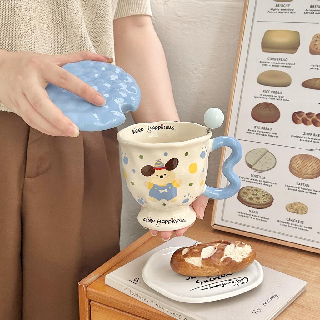 Милая мультяшная кружка для воды с принтом в горошек и щенками, керамическая кружка высокой ценности с крышкой и ложкой, в подарок девочкам на день рождения