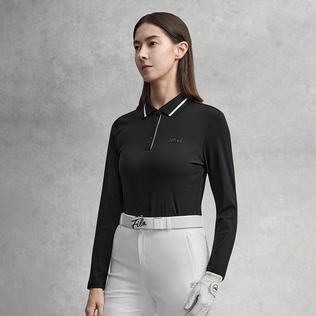 Fila Серия Гольф Модный Стильный Простой Повседневный Спортивная Тренировка Гольф Универсальная Облегающая Рубашка-поло с длинным рукавом Женские топы Глубокий Черный A11W615214FBK