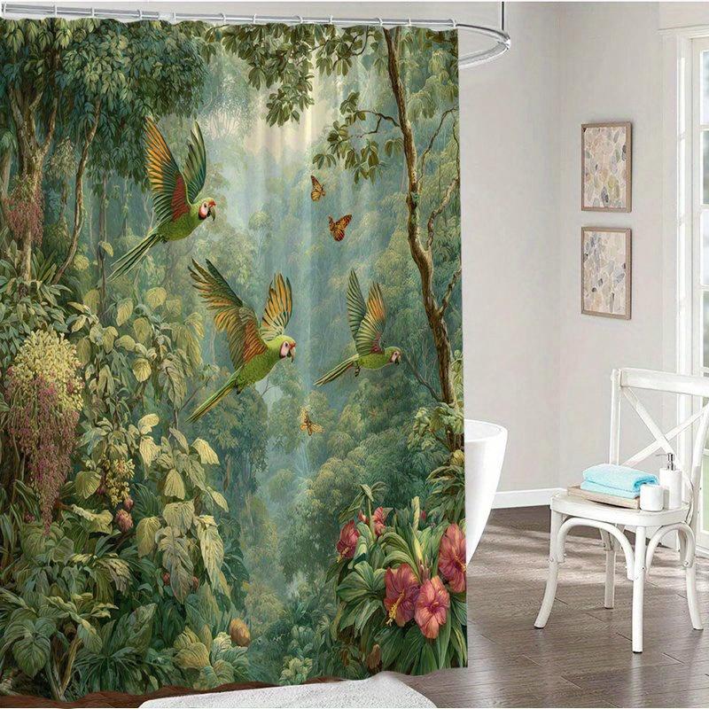 Tropical Jungle Safari Shower Curtain Waterproof Bathroom Decor Botanical Green Parrot Print Shower Curtain