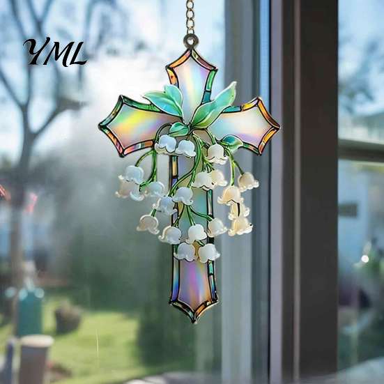 Religious Flower Ornament Lily of The Valley Suncatcher, Acrylic Stained Glass Style Hanging Pendant with Metal Chain, Elegant Floral Window