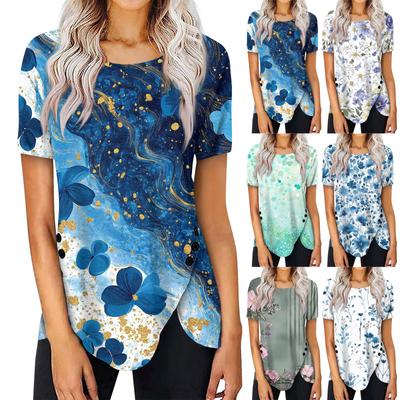 Женская мода повседневная блузка с коротким рукавом и круглым вырезом с принтом на пуговицах сбоку