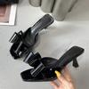 Fashion Patent Leather Butterfly Knot Women Slippers Square Toe Summer Sandals Low Thin Heels Mules Slides Shoes Size 39