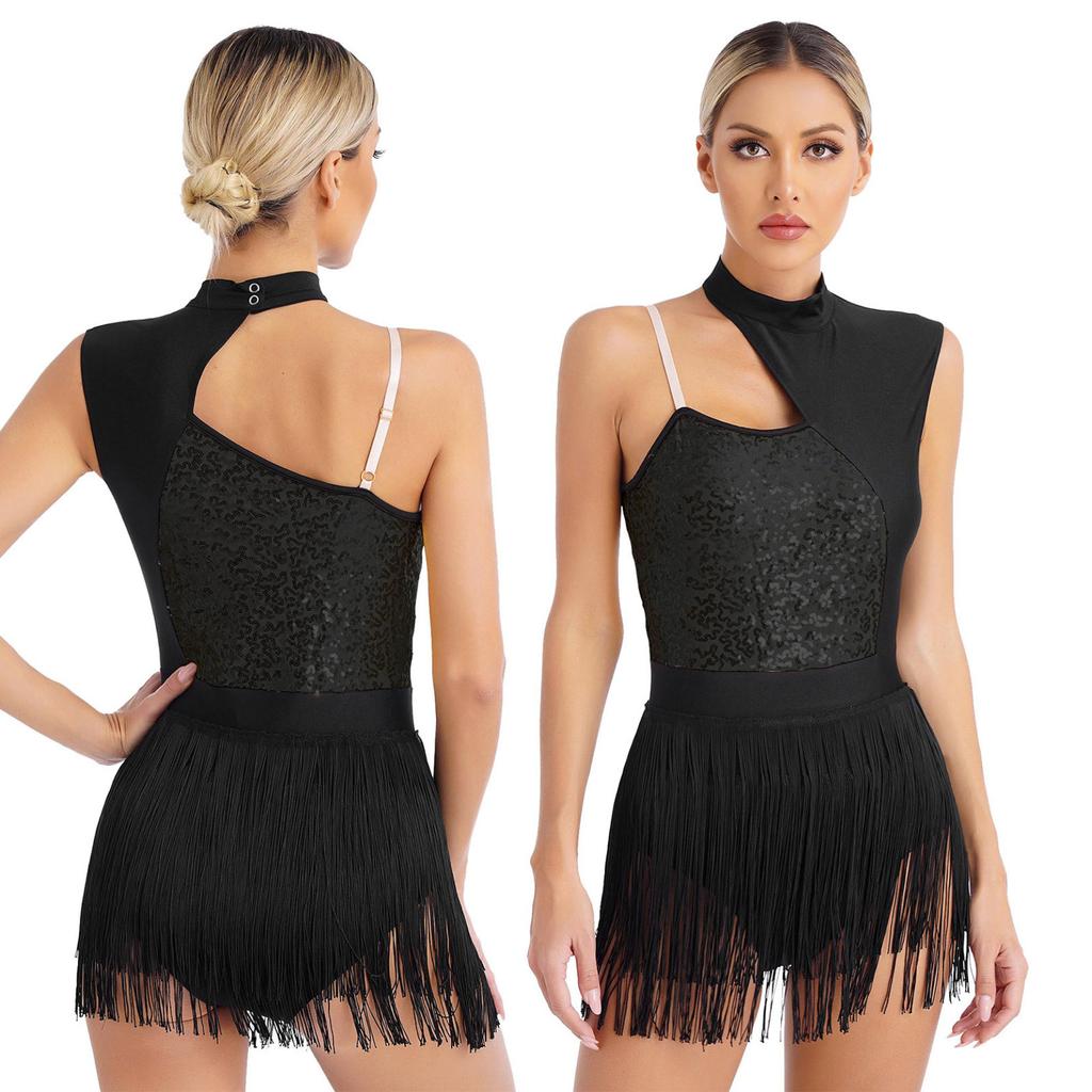 Womens Sleeveless Latin Dance Leotard Shiny Sequins Contrast Color Fringed Bodysuit for Dance Party Stage Performance