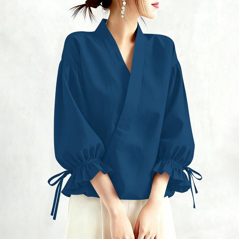 ZANZEA Женская повседневная однотонная свободная блузка с V-образным вырезом и рукавом 3/4