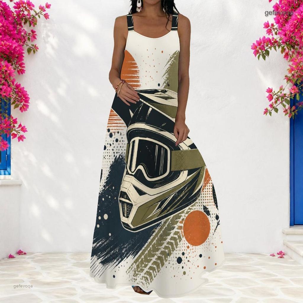 Women Plus Size Scoop Neck Strappy Sleeveless A Line Long Dress Cartoon Printed White
