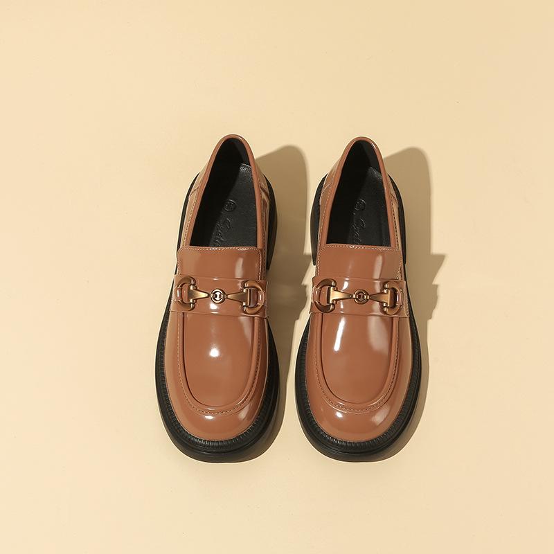 Лакированные кожаные лоферы, одинарные туфли без шнуровки, кожаные женские туфли с толстой подошвой и нескользящим круглым носком, Англия