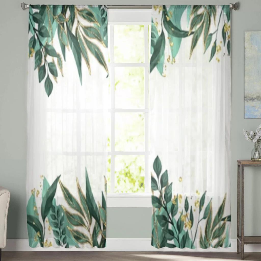 Summer Plants Green Leaves Sheer Window Curtains For Living Room Bedroom Modern Voile Tulle Curtains Fabric Drapes For Kitchen