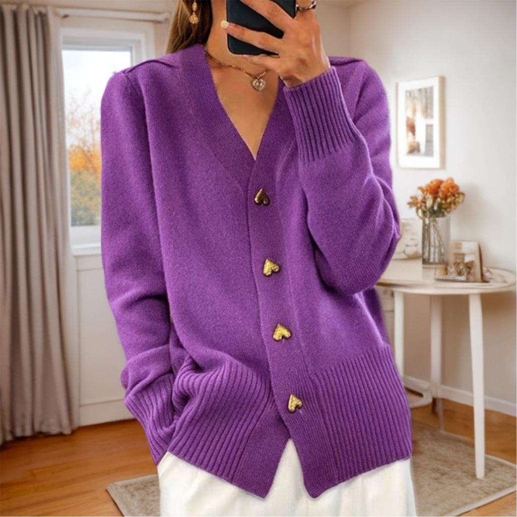 Women's Fashion Solid Color Long Sleeve V-Neck Knit Cardigan Button Sweater Jacket