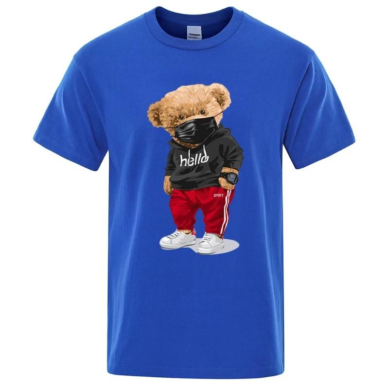 Cotton Tees 100% Cotton Sports Mask Bear Print Short-sleeved T-shirt Male Half-sleeved Summer Casual Oversized T-Shirts Men’s