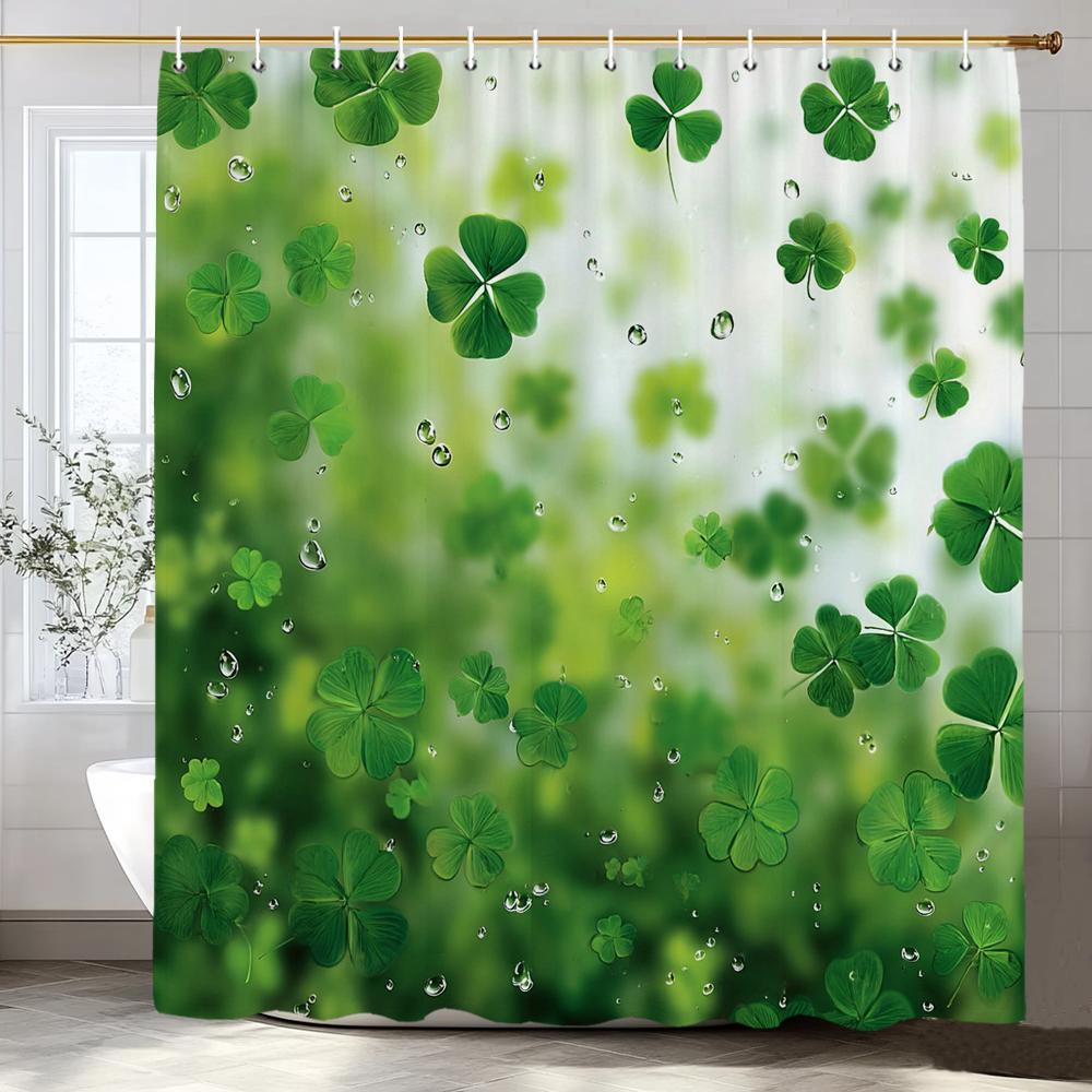 Green Leaves, Lucky Grass Clover Pattern Shower Curtain, Bathroom Decorative Shower Curtain, Home Curtain With Hooks