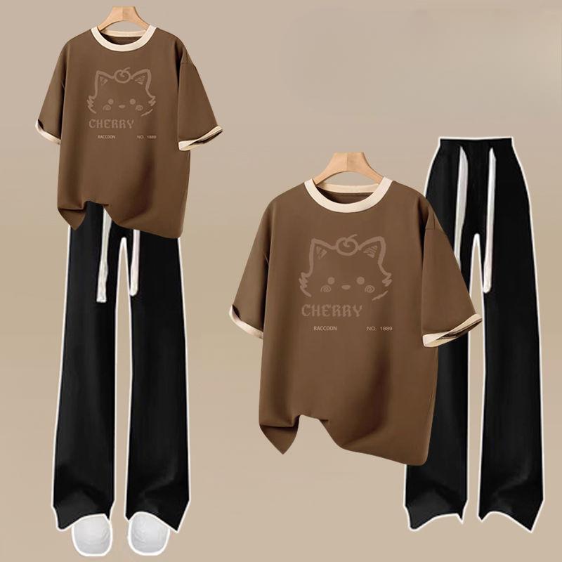 Костюм в стиле колледжа, женская летняя хлопковая футболка с короткими рукавами, спортивные брюки, костюм-двойка