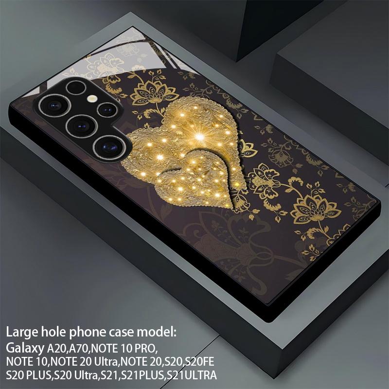 Блестящий Золотой Узор в Виде Сердечек 2D Чехол для Телефона Samsung S26 S25 S24 S23 S22 S21 S20 A56 A55 A36 Закаленное Стекло Защитная Крышка