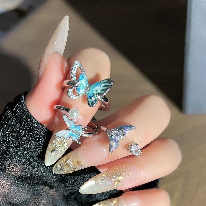 Ocean wind gradual change fish tail simple design pearl light luxury ring femininity personality butterfly fashion index finger ring