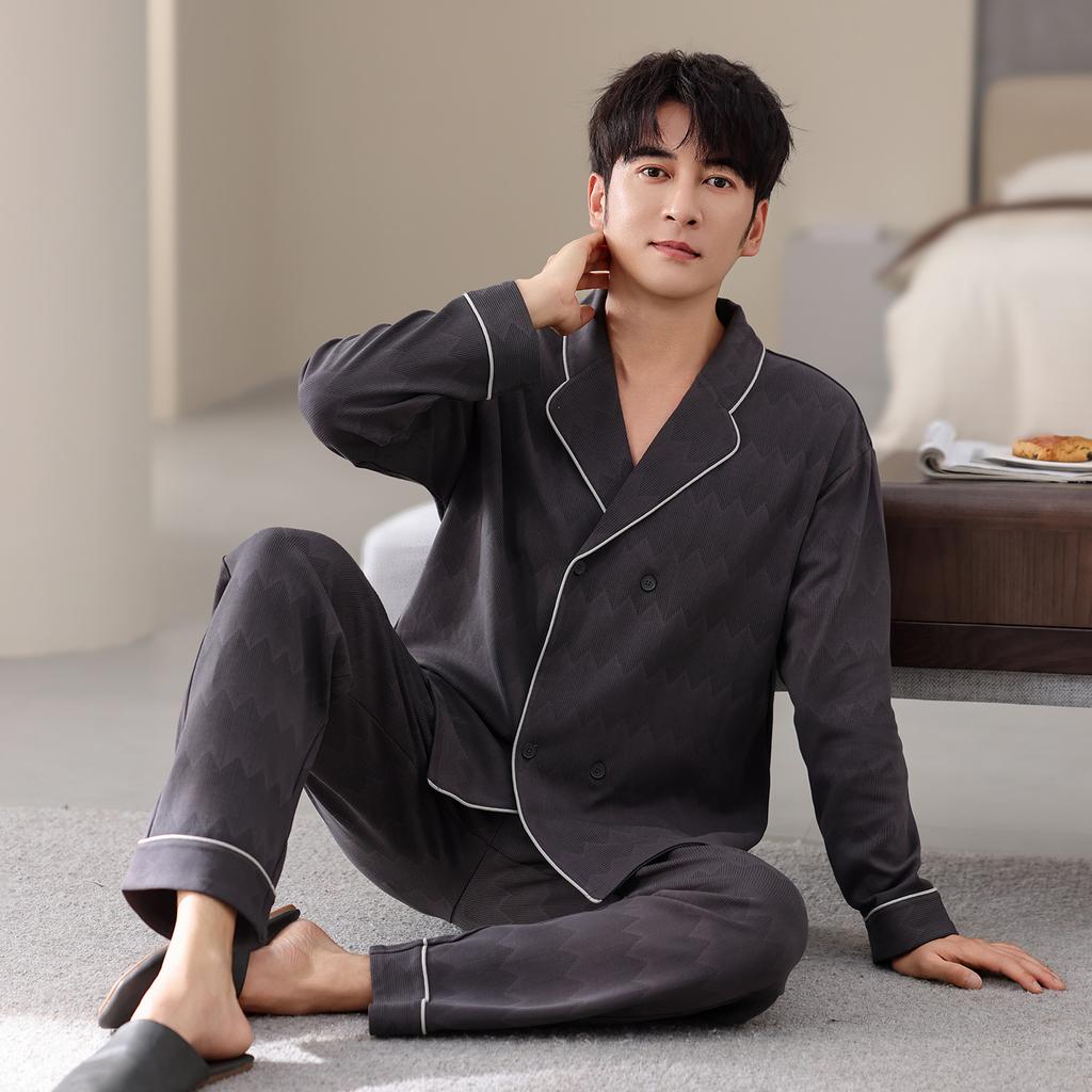 Pure Cotton Pajamas Men'S Spring And Autumn Long-Sleeved Trousers Cardigan Loose And Wearable Loungewear Suit