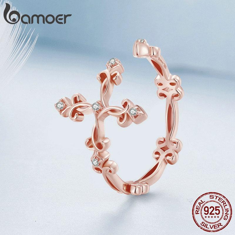 Bamoer Retro Pattern Cross Adjustable Finger Ring for Women 925 Sterling Silver Vintage Flower Rings