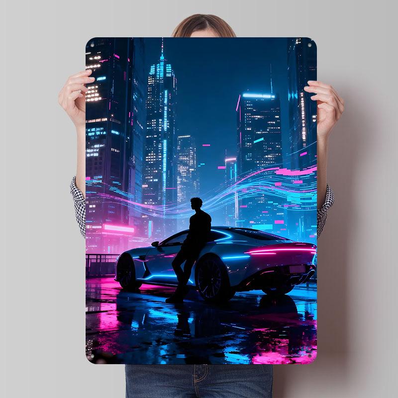Cyberpunk Cityscape With Ecotic Car Metal Poster Custom Wall Art Retro Vintage Tinplate Signs for Man Cave Room Decorations Home