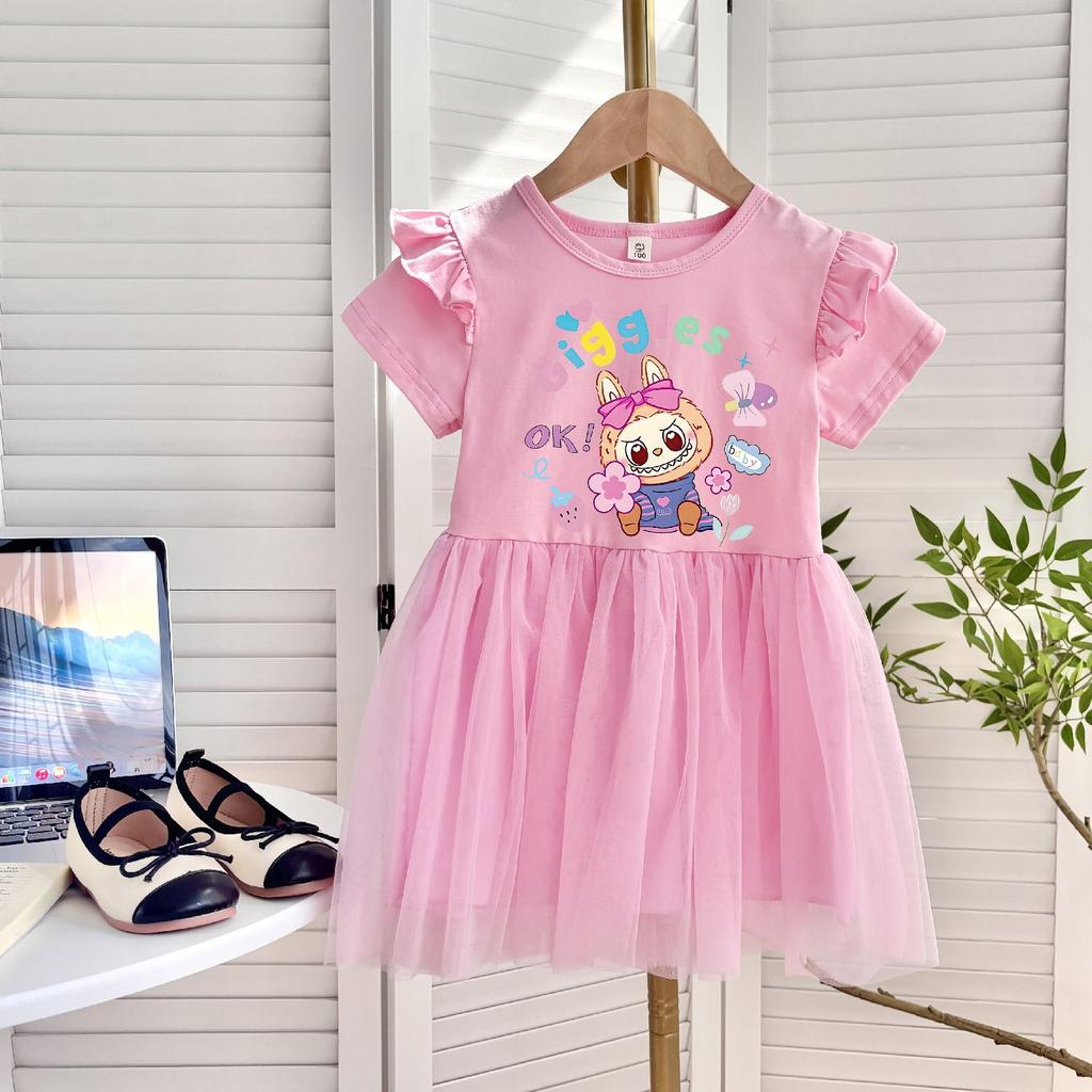 Принцесса Тюлевое Платье для Девочек, Детские Летящие Рукава, Короткие Рукава, Цельное Платье на Лето