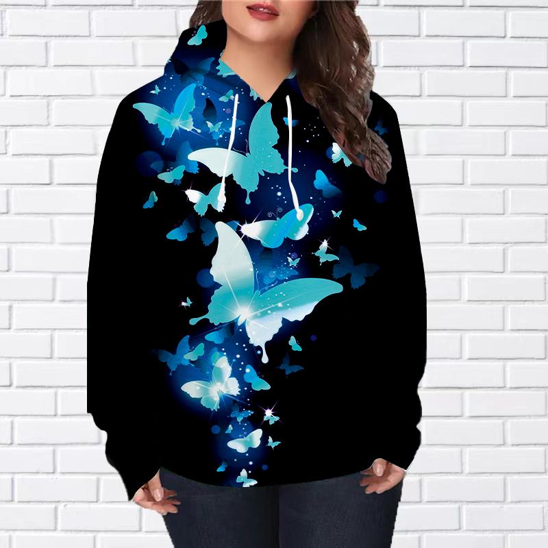 Женская мода розовая бабочка принт свободные толстовки топы блузка свитшот повседневный длинный рукав пуловер топы