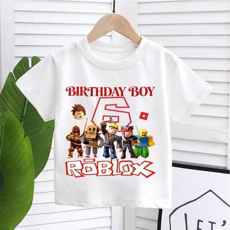 Новые детские футболки Roblox с мультяшными принтами, цифрами на день рождения, для мальчиков и девочек, повседневные, с коротким рукавом, летние топы, детская одежда