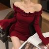Однотонное платье-миди с открытыми плечами, длинным рукавом, тонким кружевом, расклешенными рукавами, облегающее бедра, короткая юбка, хлопок