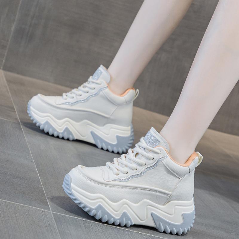 New Genuine Leather 7.5CM Women High Top Sneakers Autumn Winter Wedgies Casual Platform Vulcanized Shoe Lace Up Thick Soled Shoe