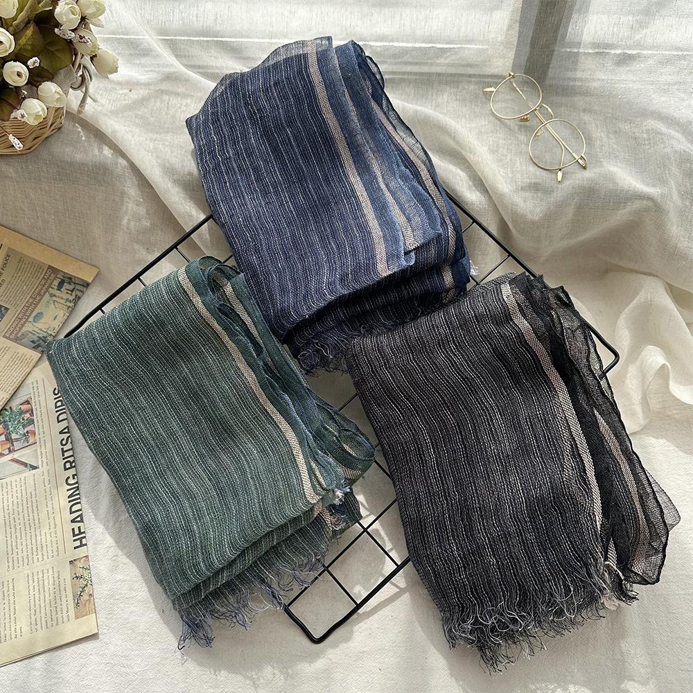 Полосатый льняной шарф для женщин летом Литературный солнцезащитный цвет Ткачество Мастерство Марлевый шарф