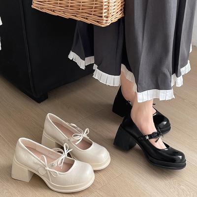 Модный темперамент французские белые банты на толстом каблуке высокие каблуки женские новинка весна-осень 2025 юбка туфли Мэри Джейн