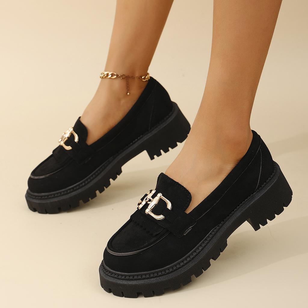 НОВЫЕ женские туфли-лоферы весна/осень с круглым носком и толстым каблуком, туфли из овечьей замши для женщин, ретро-туфли на платформе с металлической пряжкой