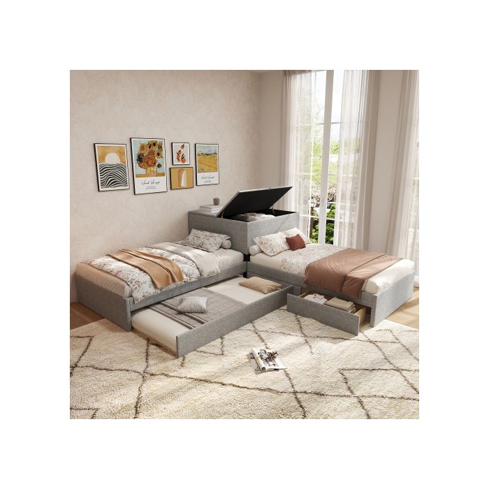 Lit d'angle - MUVOE - 90x200 - 2/3 places - Lit gigogne & tiroirs - Tissu lin gris