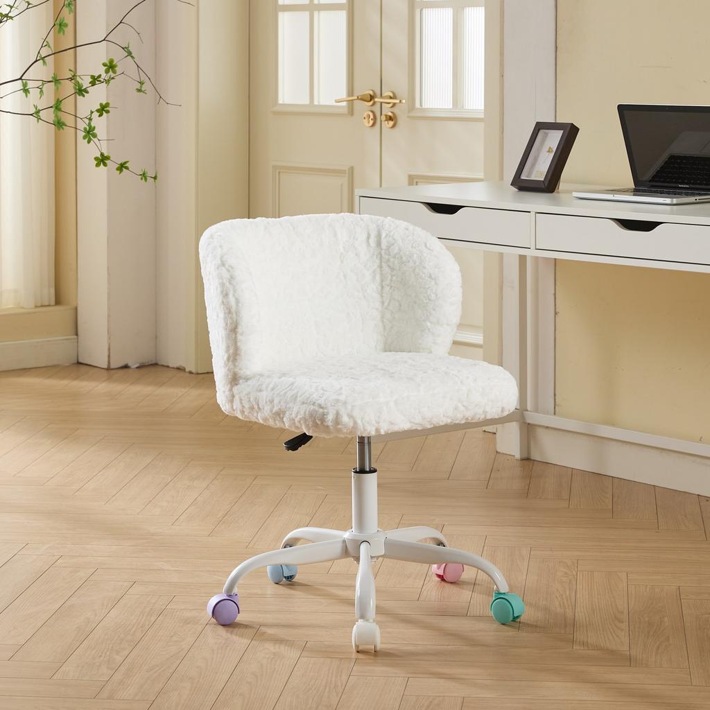 Girls Faux Rabbit Fur Desk Chair, Cute Fluffy Adjustable Swivel Vanity Chair with Silent Colorful Wheels, Cream,Beige