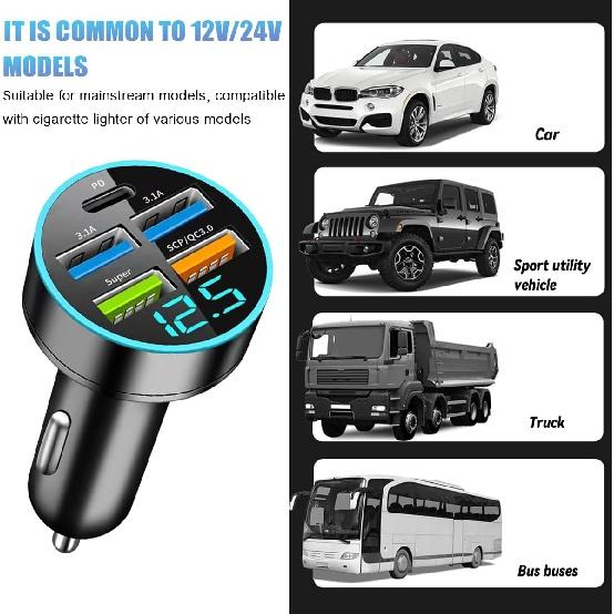 66W 5 Port Car Charger, 12-24V Quick Charge Automotive Fast Charging with USB PD Super QC 3.0 Cigarette Lighter Plug, Universal for SUV Truck RV 15