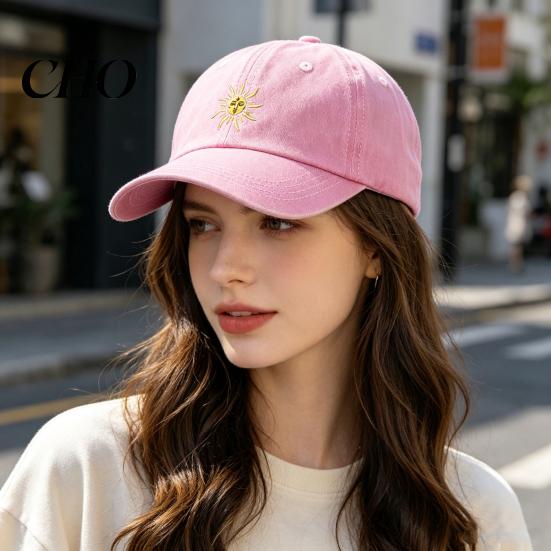 Summer Baseball Hat Embroidery Sun Pattern Hat, Adjustable Back Buckle Retro Distressed Lightweight Style Cap, Washed Cotton Fabric Outdoor