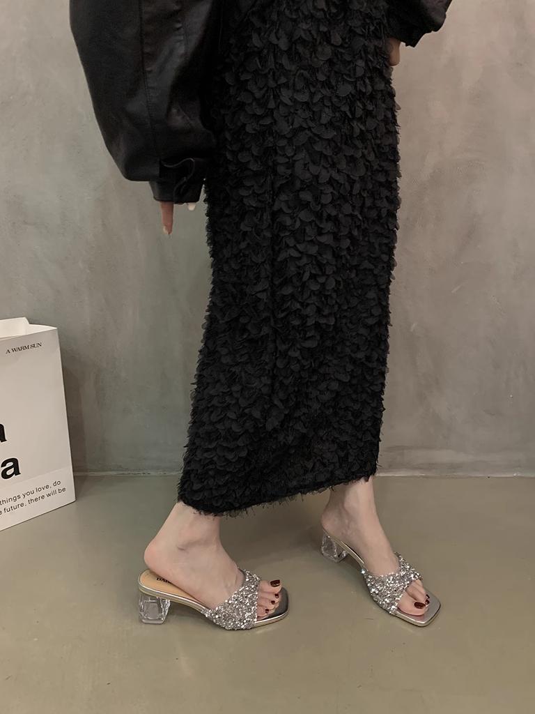 Французские хрустальные туфли на толстом каблуке, женская летняя одежда 2025 года, новые модные серебряные босоножки на высоком каблуке со стразами в виде феи