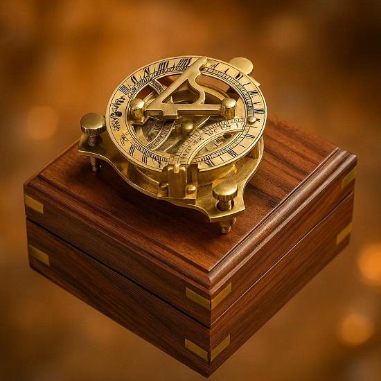 Brass Sundial Compass with Wooden Box Engraved Compass Anniversary, Graduation, Retirement, Christmas Gift Couples 10.16 cm