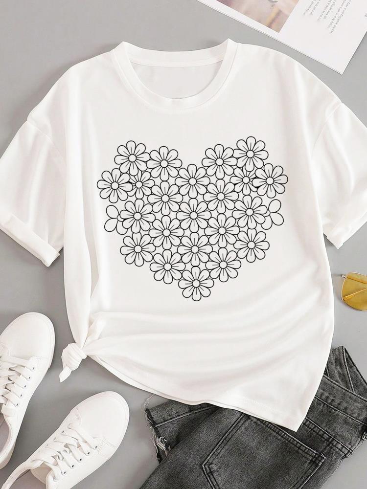 (Азиатский размер) Футболки Мода Круглый вырез Женская надпись тренд милая Повседневная Женский топ Футболка Одежда Принт Короткий рукав Графическая футболка