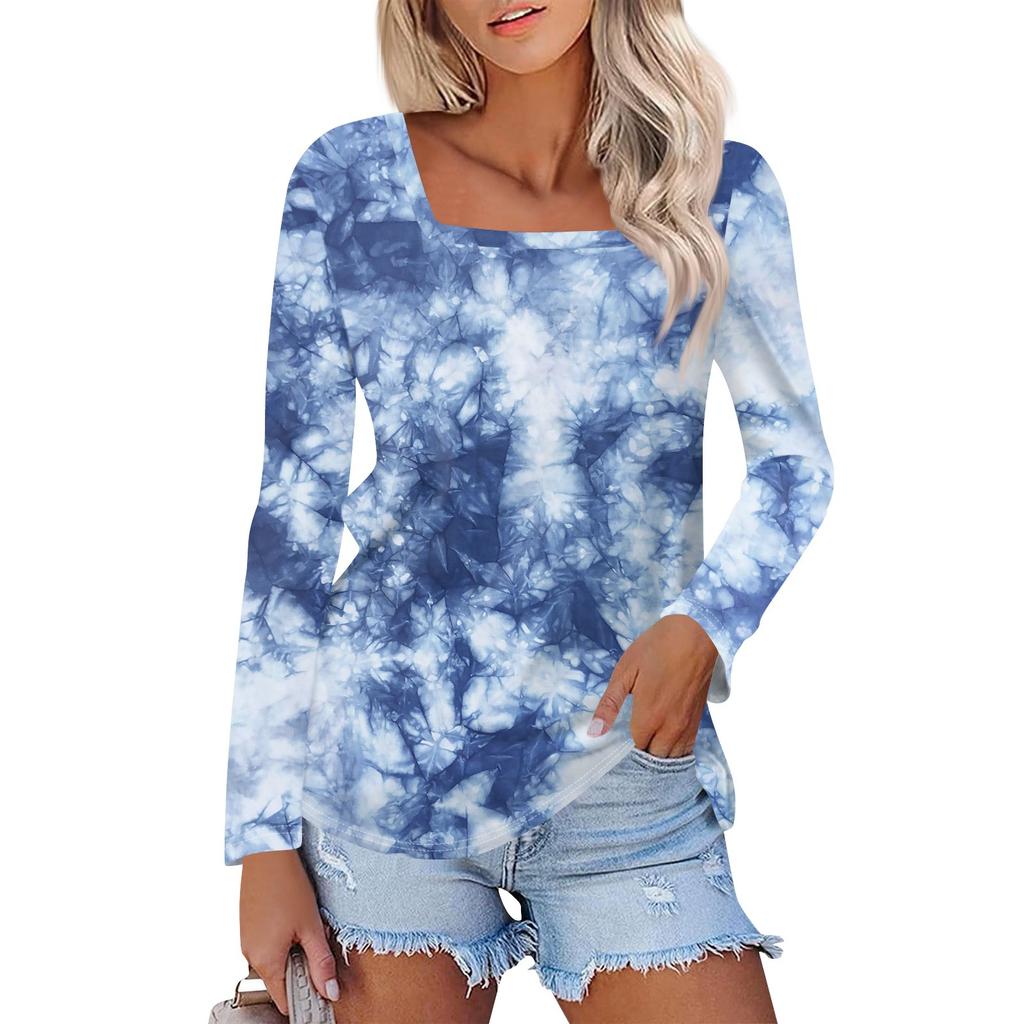 Рубашка для женщин, модная повседневная свободная футболка с квадратным вырезом и длинным рукавом с принтом, женский топ