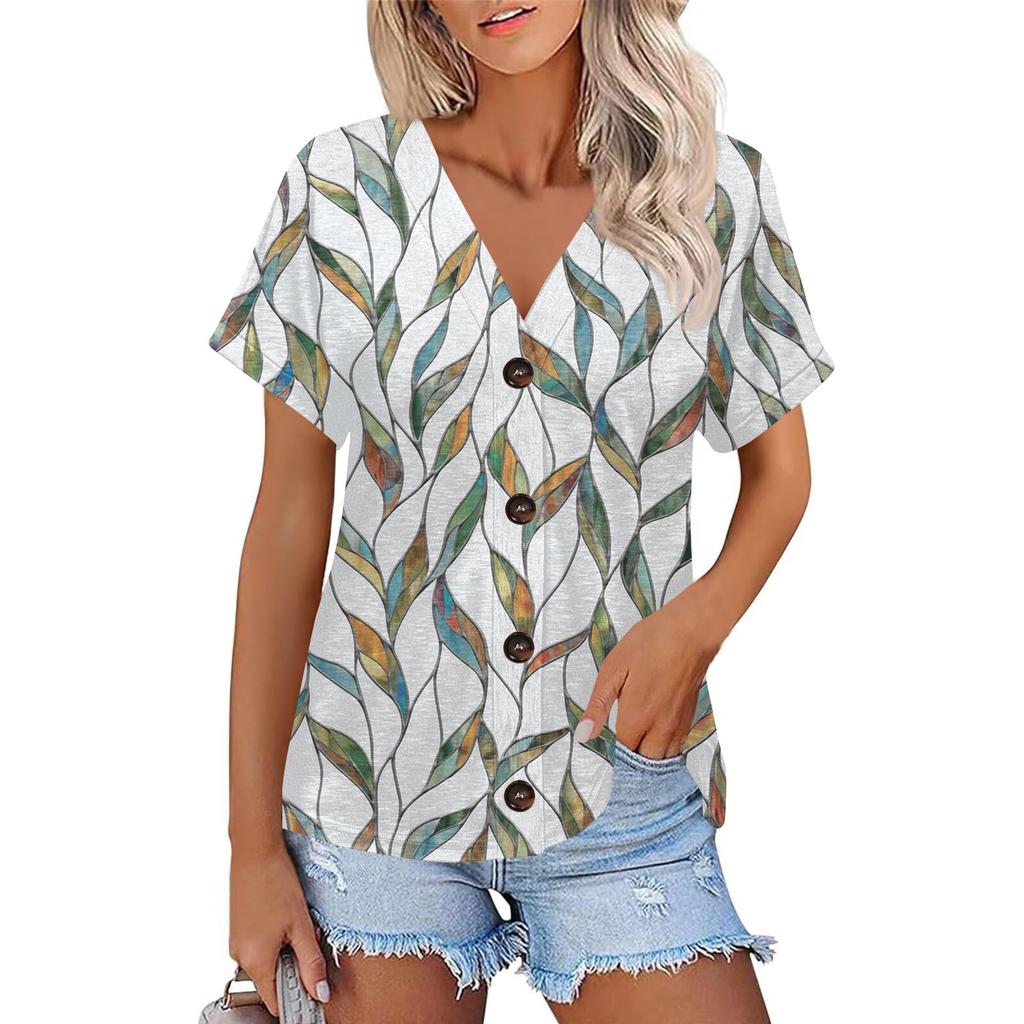 Женская модная повседневная футболка с короткими рукавами и V-образным вырезом, цветочным принтом и застежкой на пуговицы