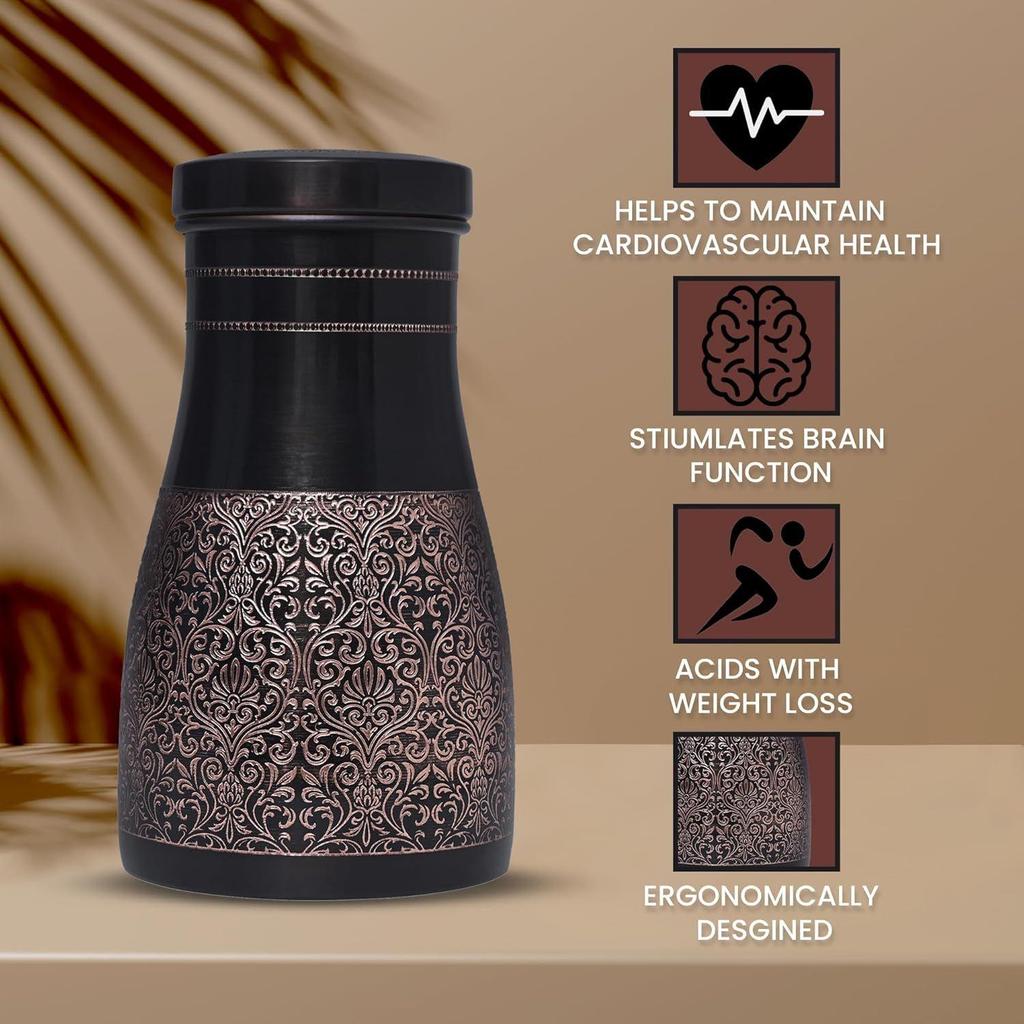 Бутылка/банка для аюрведической воды из меди премиум-класса со встроенным стеклом, черная античная глянцевая отделка, подходит для дома, столовой и комнаты. - 1000 мл