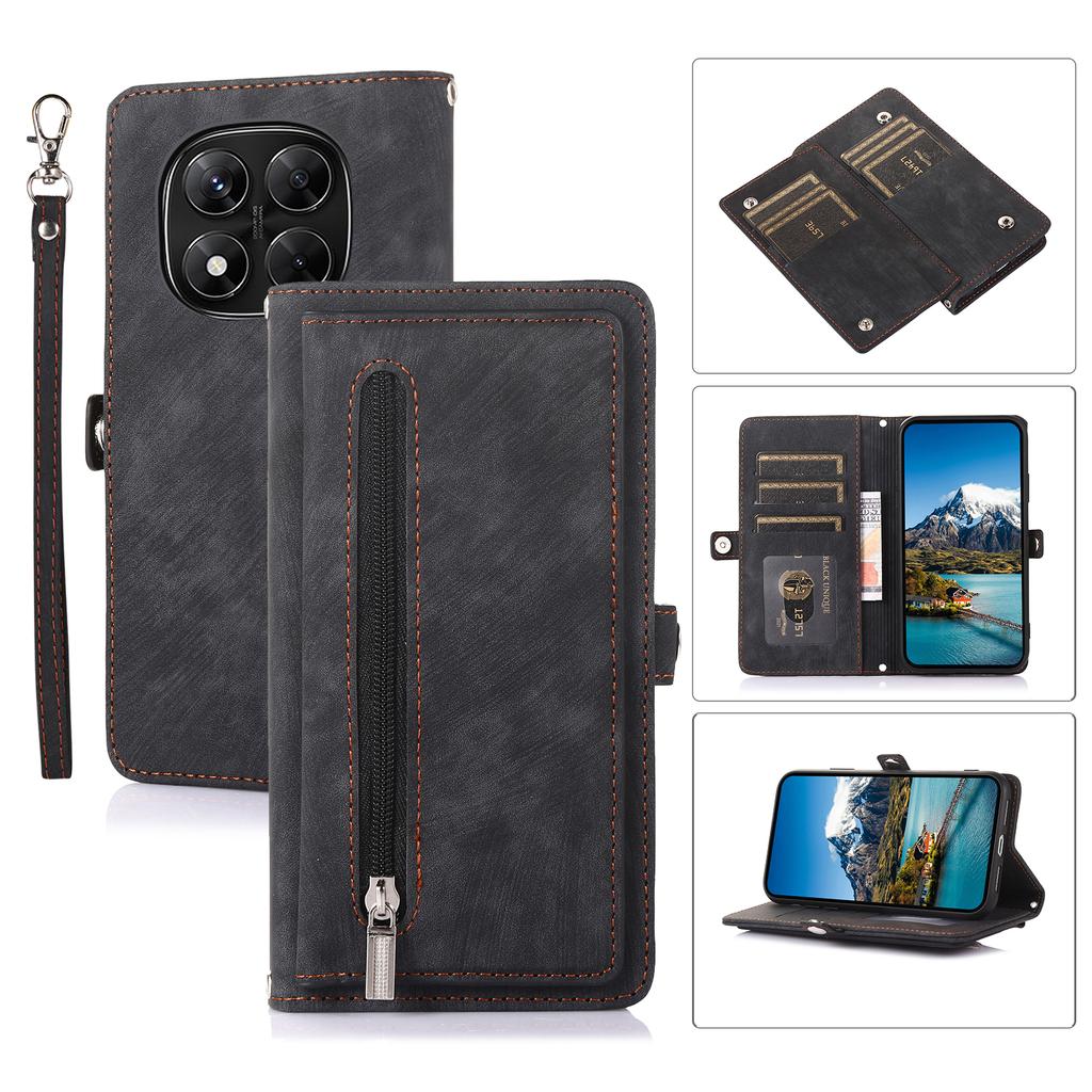 Phone Case For Xiaomi Redmi Note 14 Pro 5G/Note 14 Pro+ 5G/Poco X7 5G ,Zipper Pocket 9 Card Slots PU Leather Cover with Wrist Strap