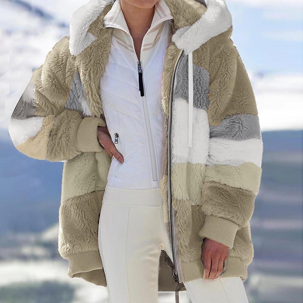 Женское модное зимнее свободное плюшевое пальто с длинным рукавом и карманом на молнии с капюшоном