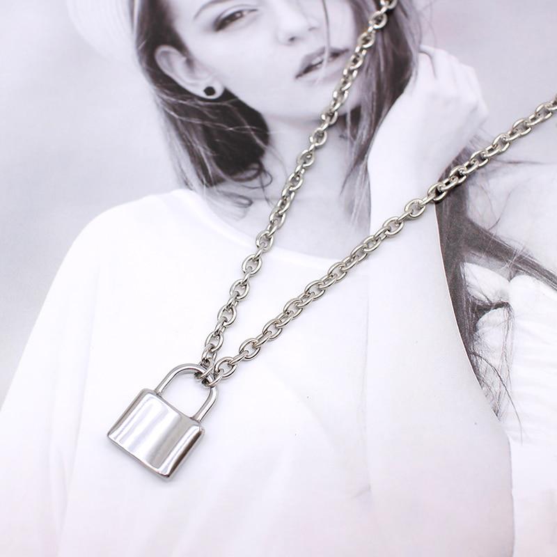 Silver Color PadLock Pendant Necklaces Link Chain Lock Necklaces Collar for Women Men