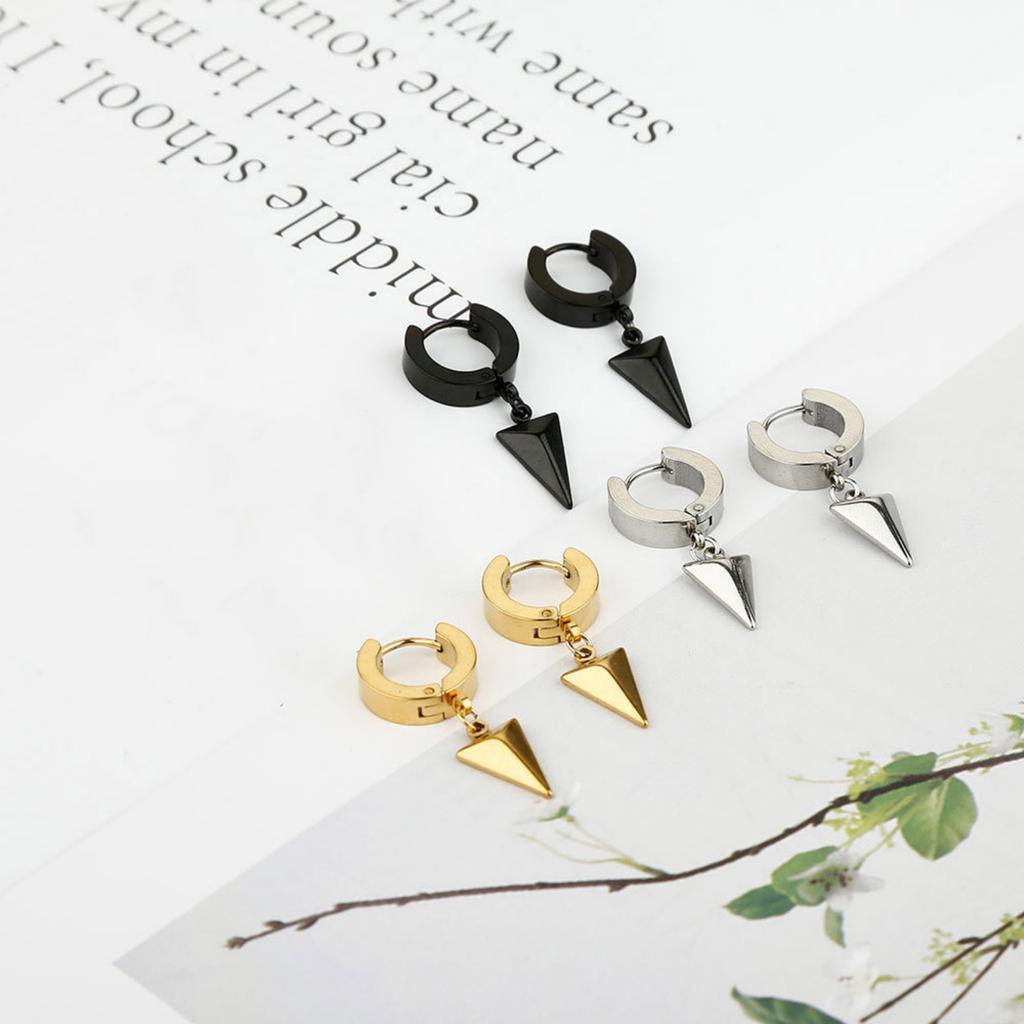 1 Pair Black Stainless Steel Punk Hip Hop Hanging Hoop Earrings with Triangle Design Dangle for Unisex Gothic Streetwear Jewelry