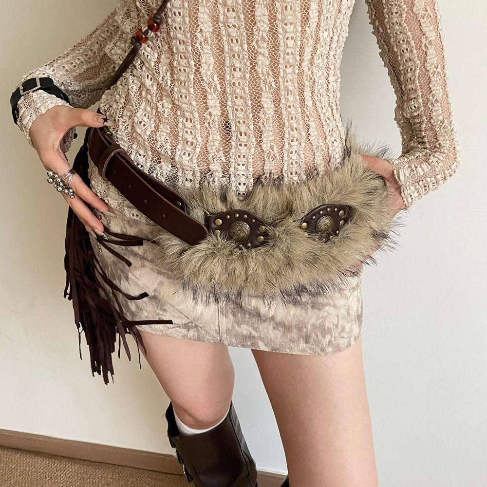 PU Leather Leather Fur Belt Spicy Girl Style Y2K Waistband Fashion Plush Belt  Female/Girls
