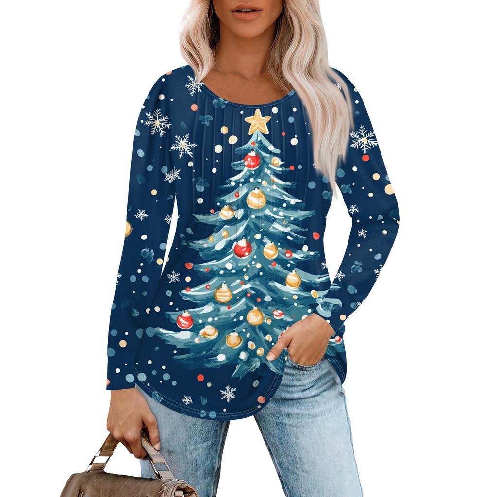 Women's Casual Top Christmas Printed Round Neck Long Sleeved Pleated T-shirt