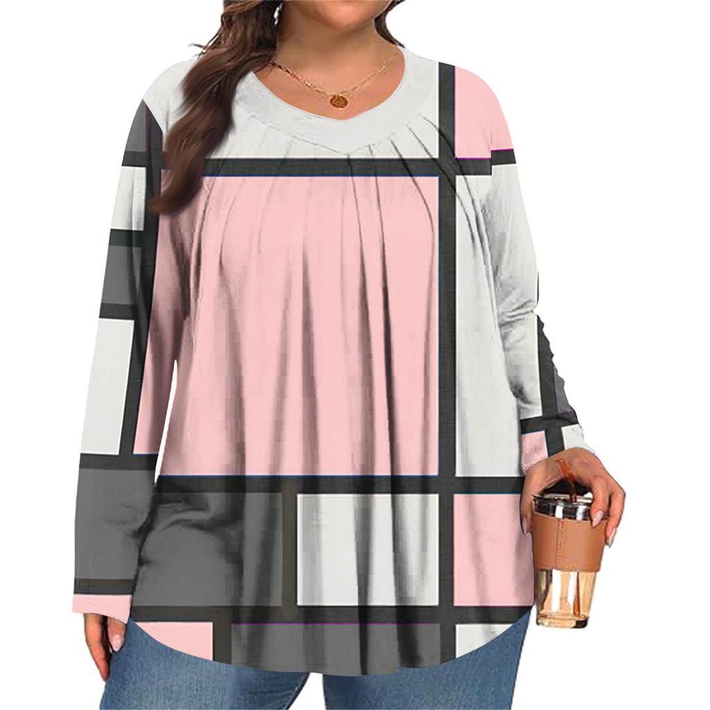 Women's Plus Size Fashion Printed Casual Pleated Round Neck Long Sleeve Top